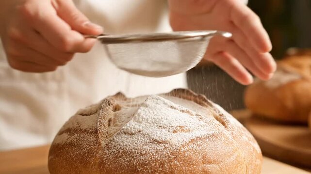 Hands dusting a loaf of bread with powdered sugar using a sieve