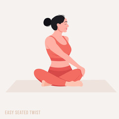 Pixel Art Young Woman in Coral Yoga Outfit Practicing Easy Seated Twist Pose on a Mat Against a Light Beige Background with Subtle Shadows