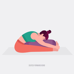 Pixel Art Young Woman Practicing Paschimottanasana Yoga Pose Forward Fold With Purple Bolster and Green Tank Top Coral Leggings on Yoga Mat Isolated on White Background