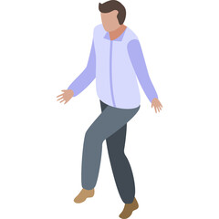 Pixelated isometric man in light blue shirt and grey pants with brown shoes walking forward against a clean white background representing digital art and graphic design elements