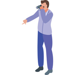 Pixelated Isometric Man Gazing Through Binoculars Pointing Forward in Blue Shirt and Purple Pants with Transparent Background