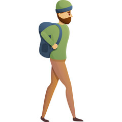 Pixelated cartoon man with beard wearing green beanie and olive shirt brown pants carrying blue backpack walking side profile isolated on white background vibrant colors cartoon style