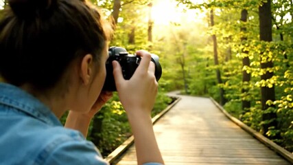 Woman in a wheelchair taking photographs in a forest. Creativity, accessibility, and hobby concept. - Powered by Adobe