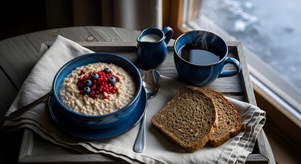 Breakfast Scene with Oatmeal, Berries, Coffee, and Toast with a Scenic View