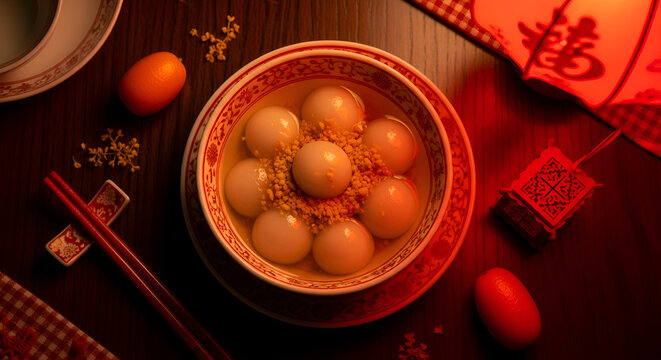 Chinese New Year Festive Food: Tangyuan Dessert in a Bowl, Red Decor