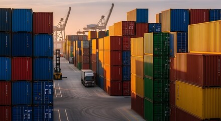 Colorful Stacked Shipping Containers at Cargo Terminal, Realistic Industrial Background Representing Global Trade, Export and Import Logistics, Transportation, Freight Shipping, Industry Concept