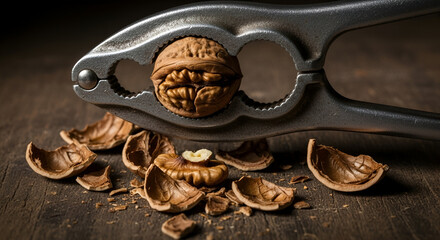 Close Up Walnut Cracking with Tool Revealing Nutmeat and Scattered Shell Fragments