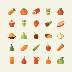 Flat Design Vector Icons of Various Fruits and Vegetables.