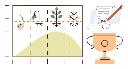 Growth chart with plant stages, progress curve, achievement trophy, signed document. Ideal for goal tracking, progress measurement, personal growth, education planning agriculture success. Flat