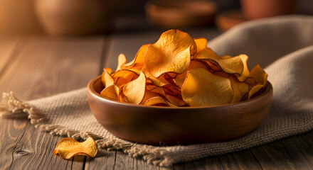 Close-up of a bowl filled with tasty sweet potato chips on a wooden surface