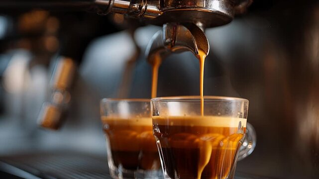 Aromatic close up of an espresso machine pouring two streams of fresh coffee into glass cup, warm double shot with rich crema