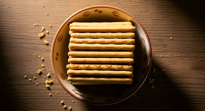 Close-up of a bowl filled with tasty, crunchy, and savory breadsticks on a wooden table. - Powered by Adobe