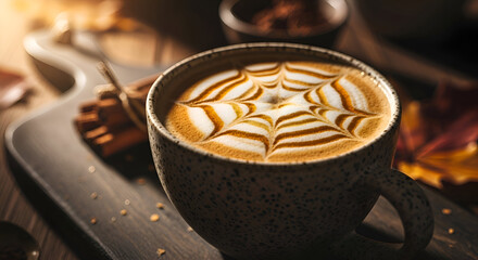 Close-up of a cup of coffee with latte art and cinnamon sticks on a wooden surface