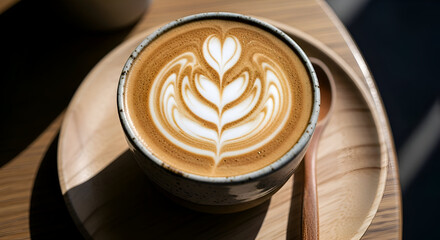 Close-up of a cup of coffee with latte art on a wooden tray with a spoon