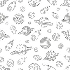 Stylized celestial objects featuring planets and comets in doodle art.