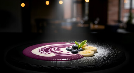 Obraz premium Close-up of a dessert with blueberries, banana slices, and a patterned sauce on a plate