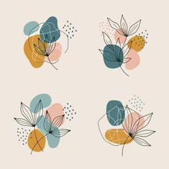 Abstract botanical line art compositions with organic shapes and muted colors.