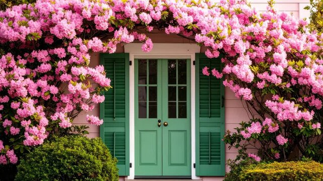 Beautiful pink azalea flowers arch over a mint green door and window shutters of a quaint vintage building