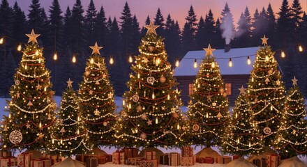 A row of beautifully decorated Christmas trees with glowing lights and presents underneath, set against a snowy forest backdrop at dusk.