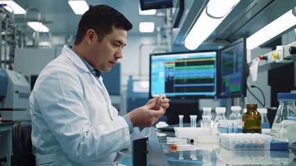 A scientist in a lab coat is focused on preparing a sample in a modern laboratory - Powered by Adobe