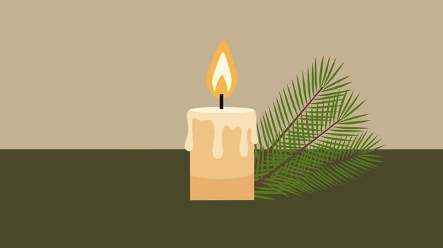 Flat vector animation of a Christmas candle flickering gently in the breeze beside pine leaves and red ribbon. Cozy holiday vibe, smooth seamless loop, HD 1080p, minimal festive background.