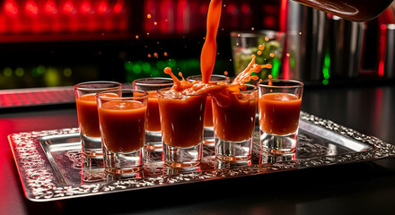 A bartender pours a shot of amber liquor into several glasses on a silver tray