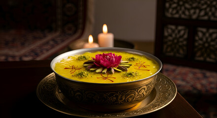 A beautiful bowl of yellow dessert, decorated with a flower and candles in the background