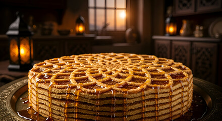 A beautifully decorated layered cake with a unique design and dripping honey or syrup