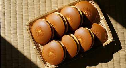 A basket of dorayaki, a traditional japanese sweet treat, on a woven mat