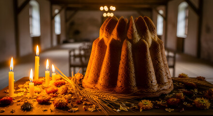 A beautifully lit image of a bundt cake surrounded by candles and flowers in a rustic setting