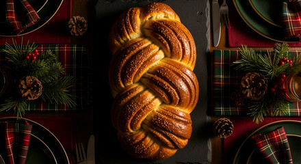 A beautifully baked loaf of bread on a decorated table for a holiday celebration or dinner
