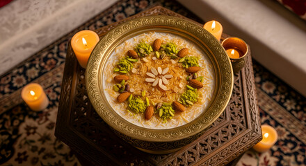 A beautifully decorated sweet dessert served in an ornamented golden dish with candles all around