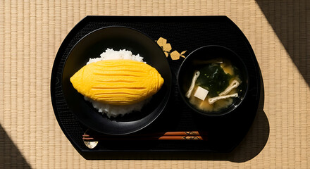 A beautifully presented Japanese omelet rice with miso soup on a woven tray, top view