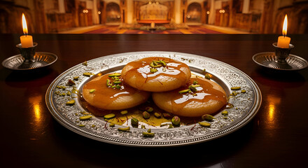 A captivating image of sweet dessert on a vintage plate, lit by candlelight, with an elegant background