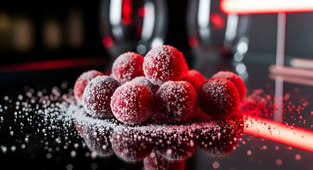 A close up high angle shot of sugared cranberry balls with an artistic lighting