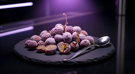 A close up look of an arrangement of grapes on a plate with a spoon next to it