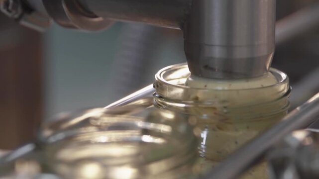 Closeup shot of food manufacturing and packaging inside factory. Garlic dip production inside factory.