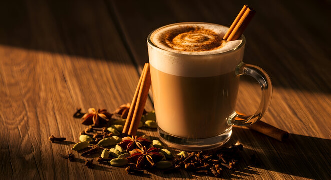 Chai Latte with Spices and Cinnamon Stick on a Wooden Table close up