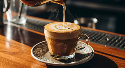 Close-up of a barista pouring milk into a cup of coffee creating latte art for coffee lovers