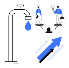 Water tap with droplet, weighing scale with figures debating innovation and graphs showing upward progress. Ideal for decision-making, business strategy, resource management, growth planning
