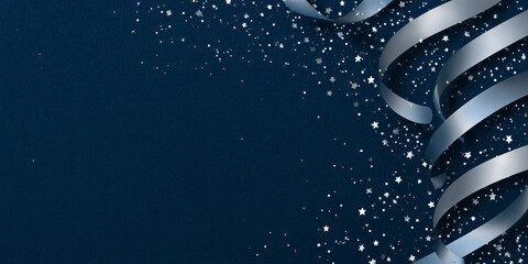 New Year's background with a minimalist dark blue gradient with silver ribbons, confetti, and glitter along the edges. Clean central space. Elegant festive composition. Christmas banner.