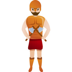 Fototapeta premium Ancient Warrior Character with Orange Armor Red Skirt and Crossed Axes on White Background Cartoon Style Illustration