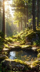 Obraz premium Sunlight filtering through a lush green forest with a tranquil stream.