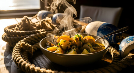 A steaming seafood soup in a rustic setting with nautical elements and rope details