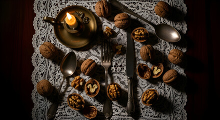 A still life composition featuring walnuts, cutlery, a candle, and vintage lace cloth
