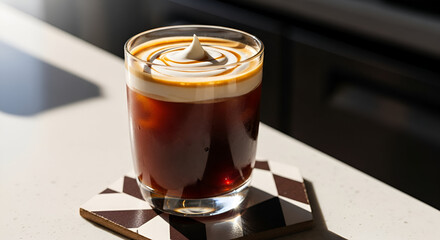 Close-up of an iced coffee with cream served on a coaster in bright light no comma at the end