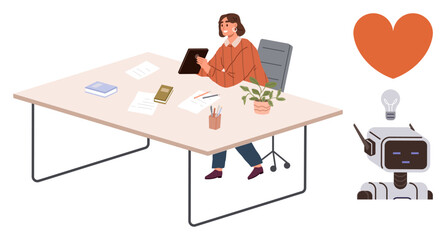 Woman seated at desk using tablet, surrounded by office tools and plant. Robot head, lightbulb, and heart symbolize AI, creativity, collaboration, and humanity. Ideal for technology innovation