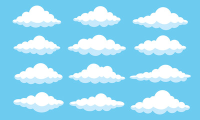 Cartoon flat white clouds set on blue background. Fluffy white cartoon clouds. Vector set of cartoon flat clouds illustration. Clouds	