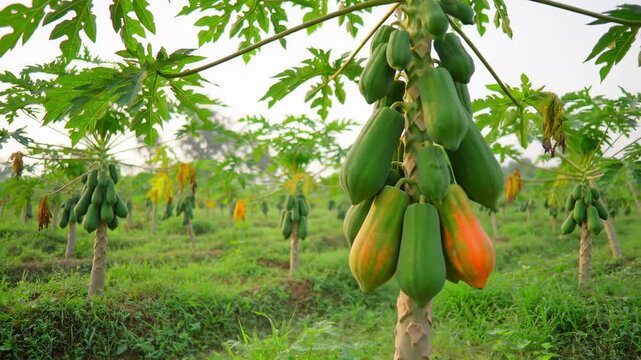 A field of papaya trees bearing ripening fruit, set against a blurred background