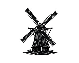 Obraz premium Traditional European Windmill Hand Drawn Farm Landscape Icon